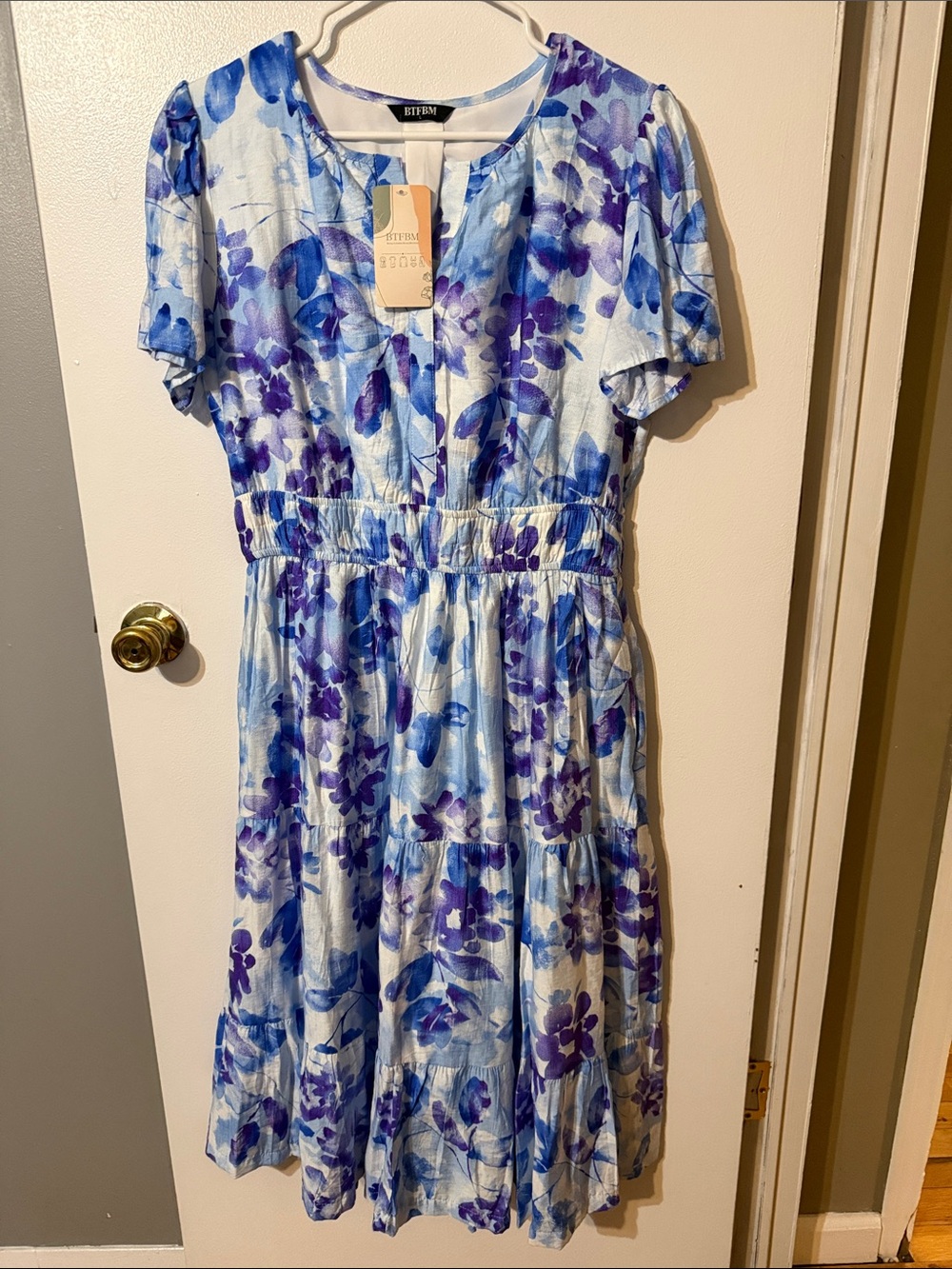 Boden Blue & Purple Floral Tiered Midi Dress